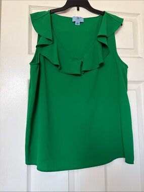 CeCe Green Ruffle V-Neck Sleeveless Top